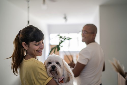 A woman carrying her dog and her husband carrying Alfa moving boxes moving into their new apartment.