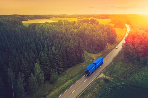 An Alfa Moving truck driving on a bridge in a Norwegian landscape.